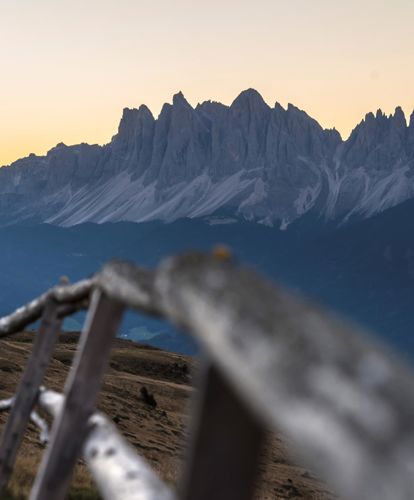 A woman is hiking on the Feldthurns mountain pasture